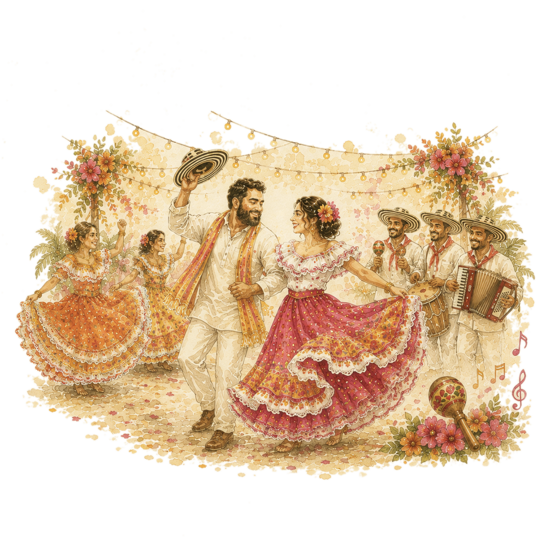 Ilustración en acuarela de baile de Sangeet y cumbia