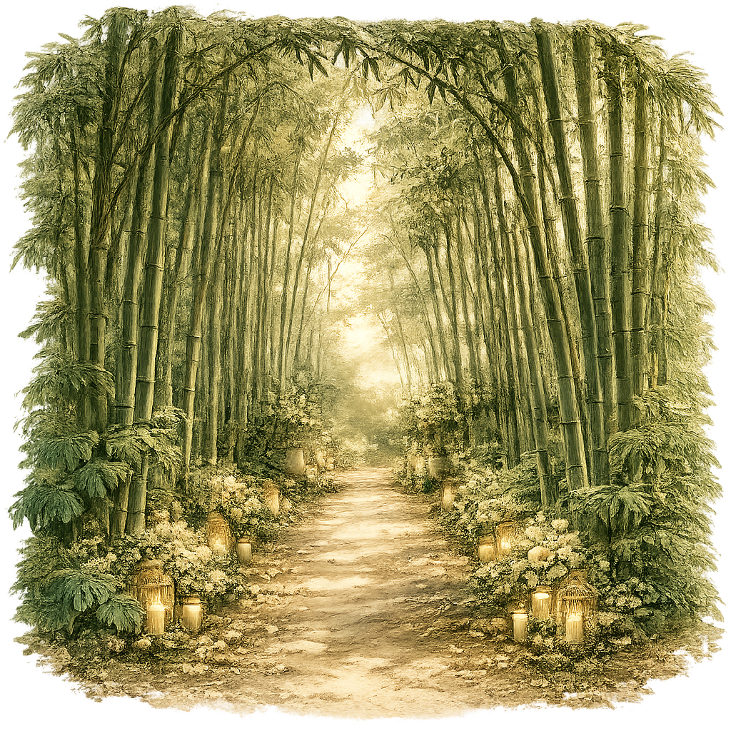 Ilustración en acuarela de un camino en un bosque de guadua