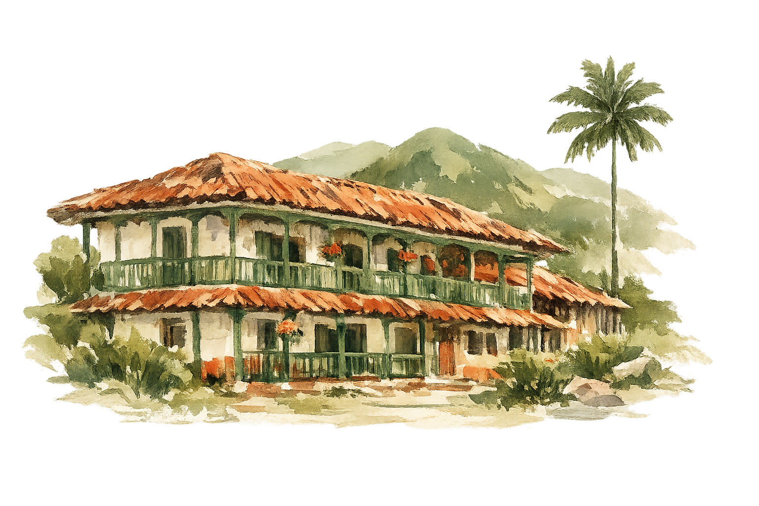 Ilustración en acuarela de una casita cafetera entre las montañas