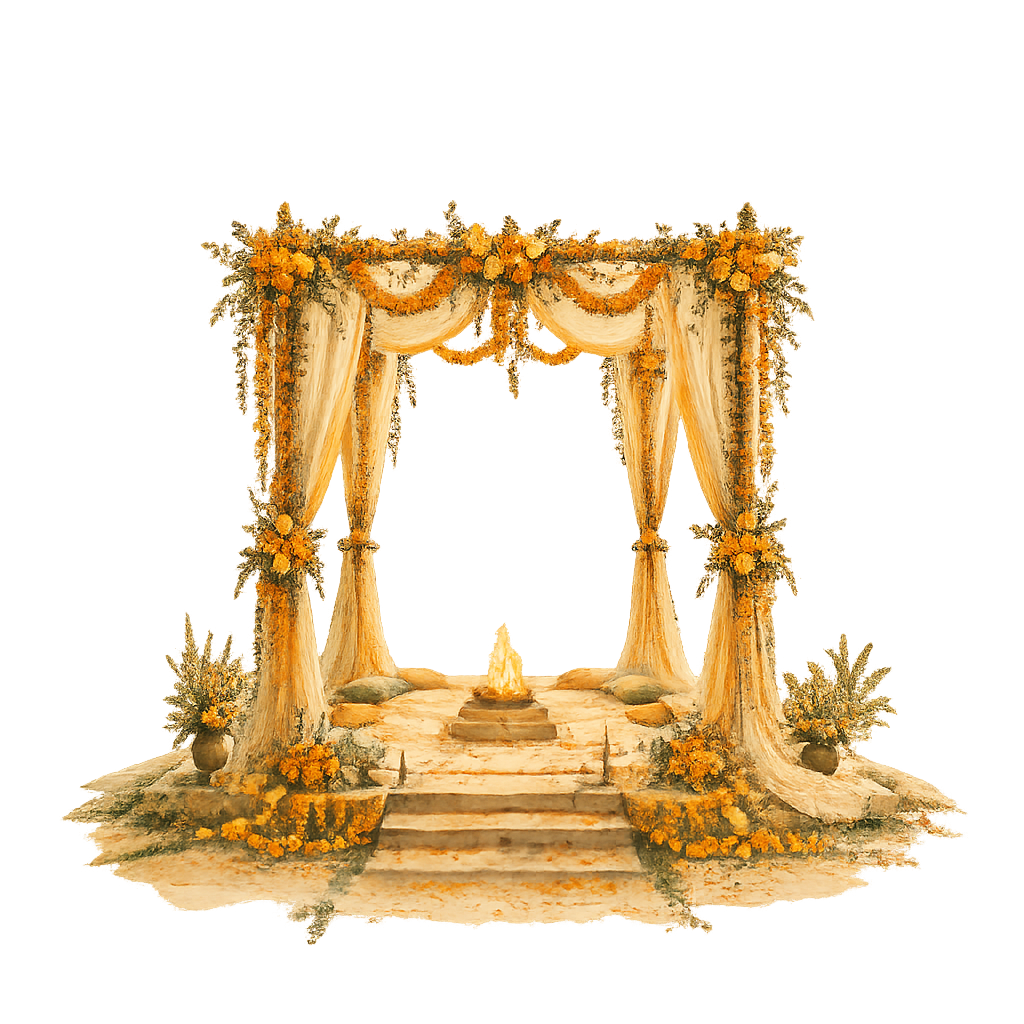 Ilustración en acuarela de un mandap para la ceremonia hindú