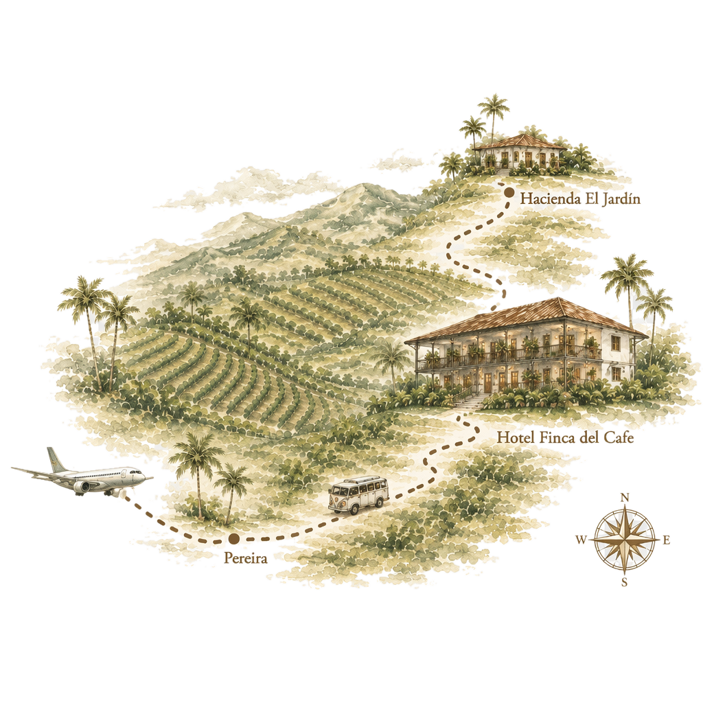 Mapa ilustrado: del aeropuerto de Pereira al Hotel Finca del Café y la Hacienda El Jardín
