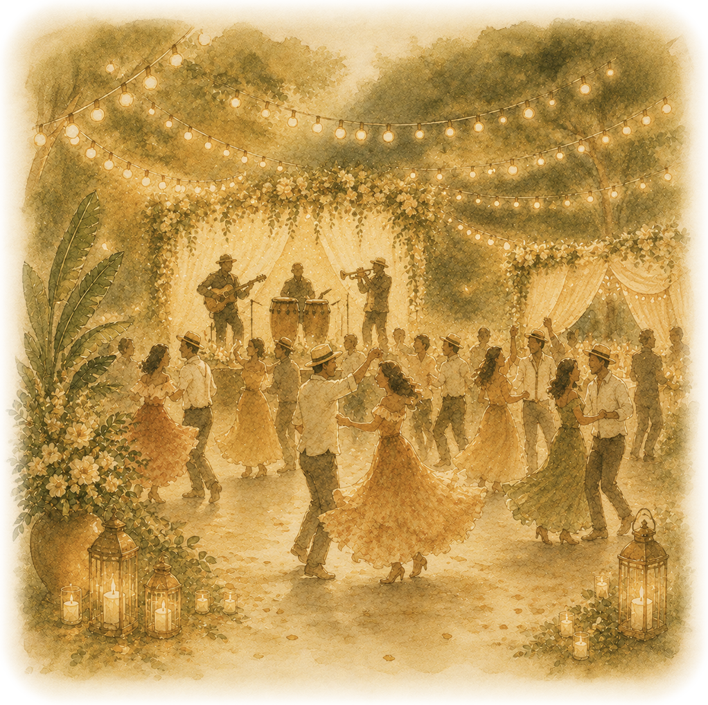 Ilustración en acuarela de la fiesta de recepción de noche